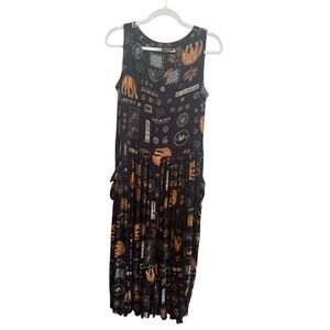 Bila Sleeveless Rayon Boho Long Flowy Maxi Dress Size Small Elephants Black Gold